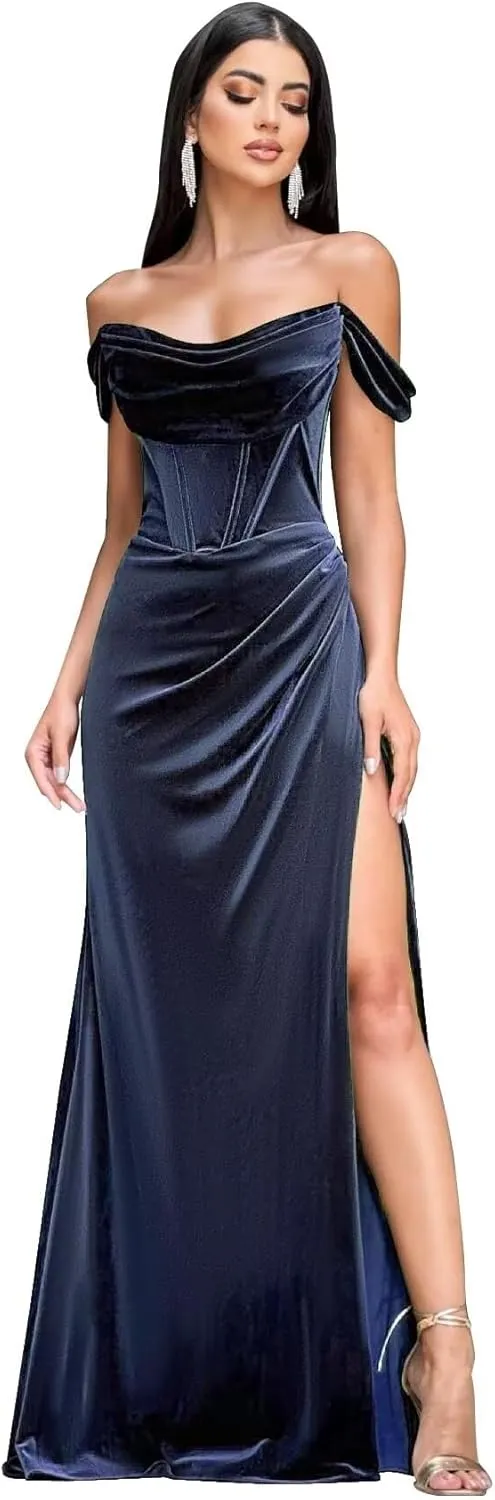 Women's Velvet Prom Dresses Off Shoulder Evening Formal Gowns Long Mermaid Bridesmaid Dress with Slit