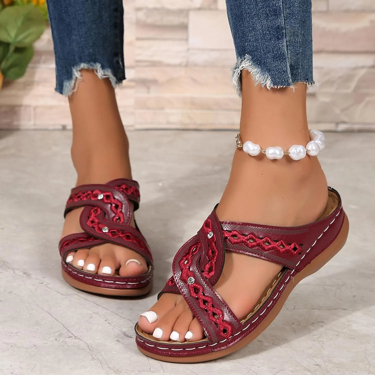 Women's Vintage Cross Band Sandals Hollow Breathable Comfortable Slides Summer Shoes Slip on Low Wedge Sandal