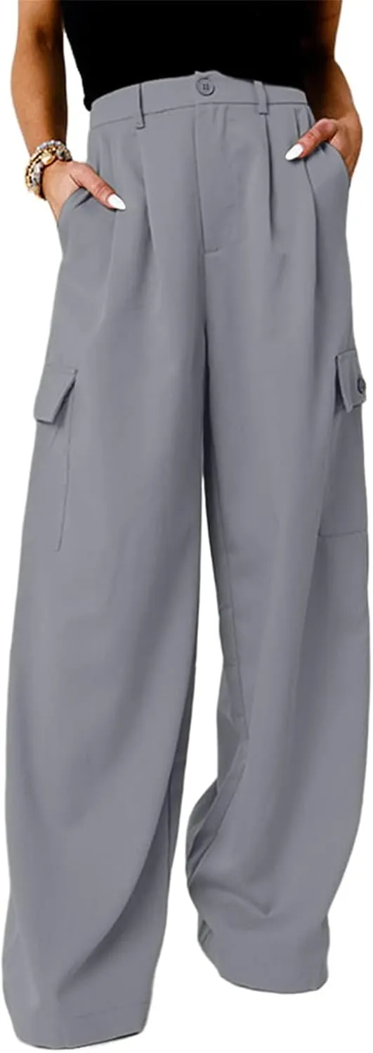 Women's Wide Leg Cargo Pants Work Business Casual Loose High Waisted Dress Pants Palazzo Flowy Trousers with 4 Pockets