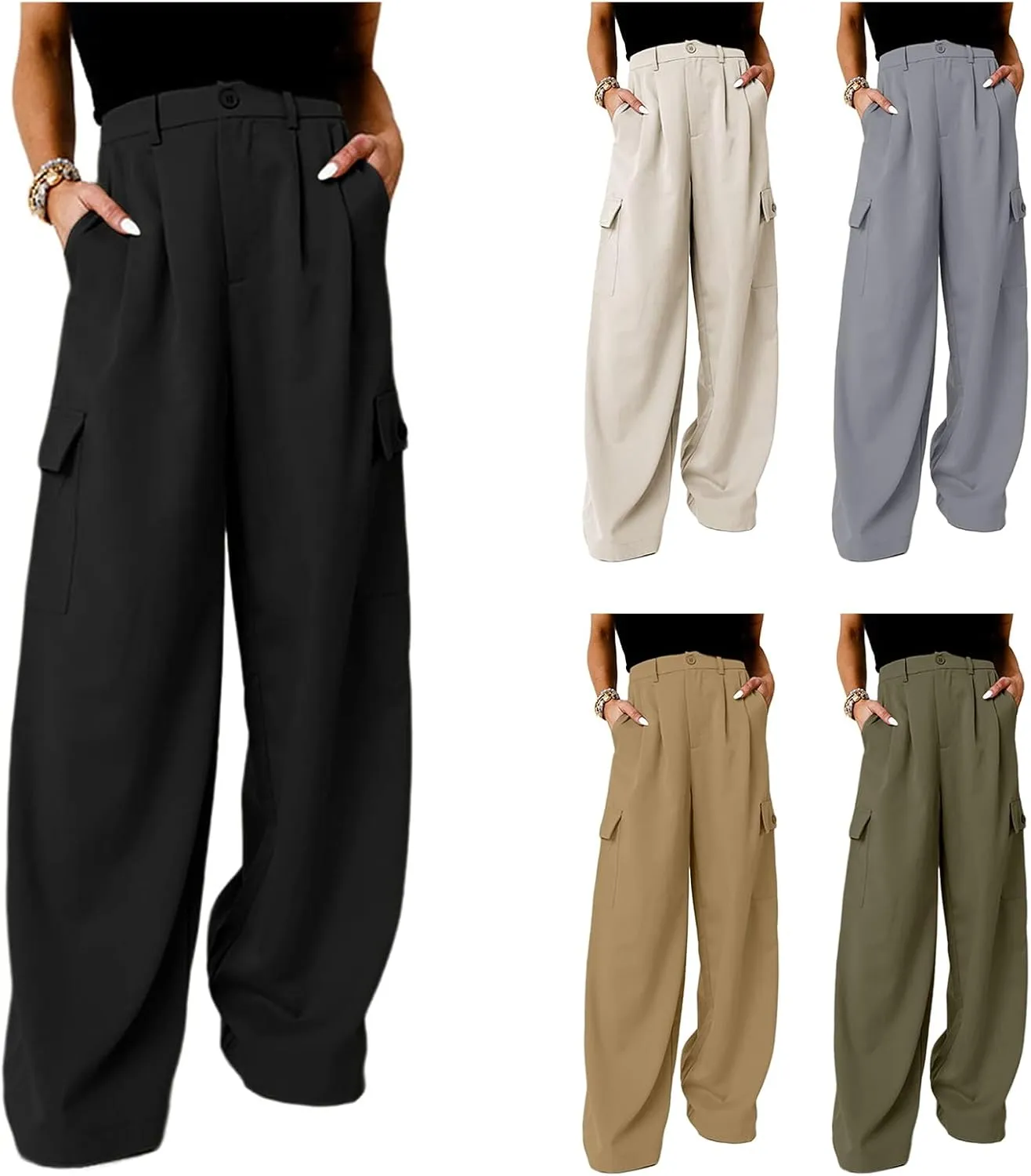 Women's Wide Leg Cargo Pants Work Business Casual Loose High Waisted Dress Pants Palazzo Flowy Trousers with 4 Pockets