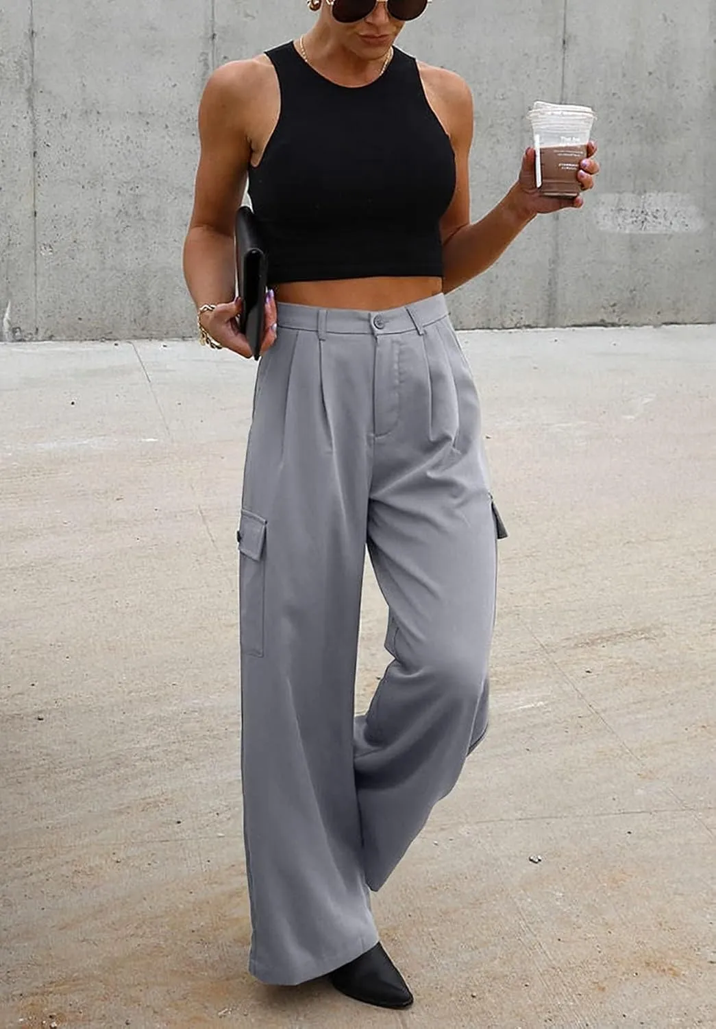 Women's Wide Leg Cargo Pants Work Business Casual Loose High Waisted Dress Pants Palazzo Flowy Trousers with 4 Pockets
