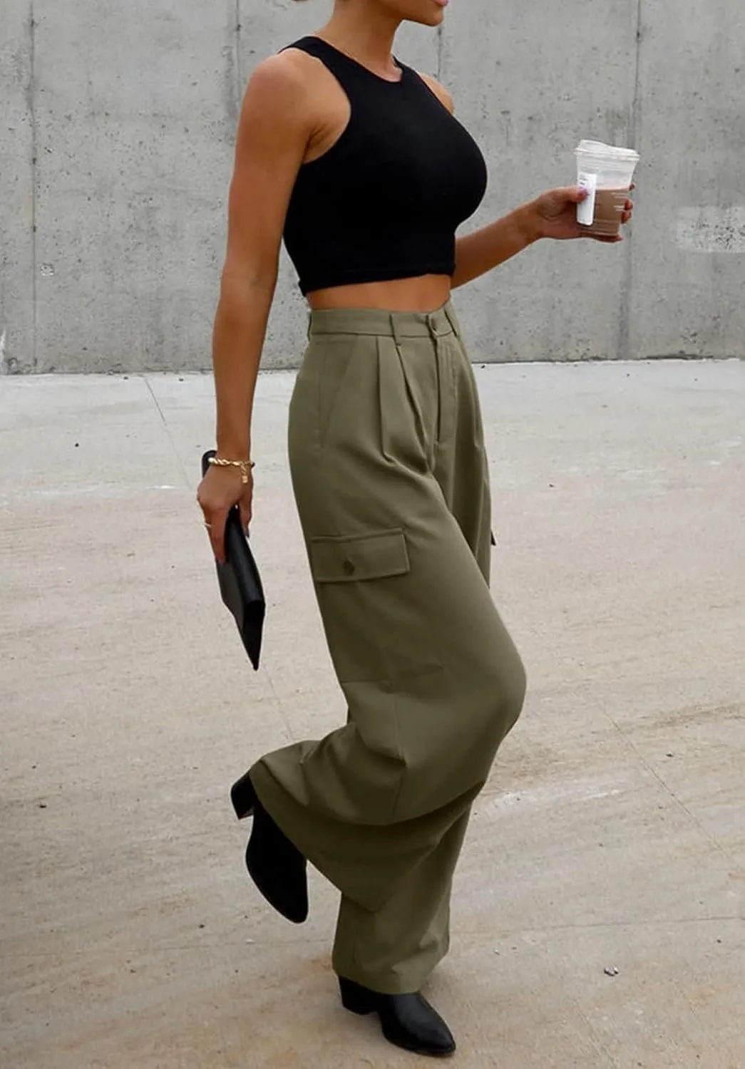 Women's Wide Leg Cargo Pants Work Business Casual Loose High Waisted Dress Pants Palazzo Flowy Trousers with 4 Pockets