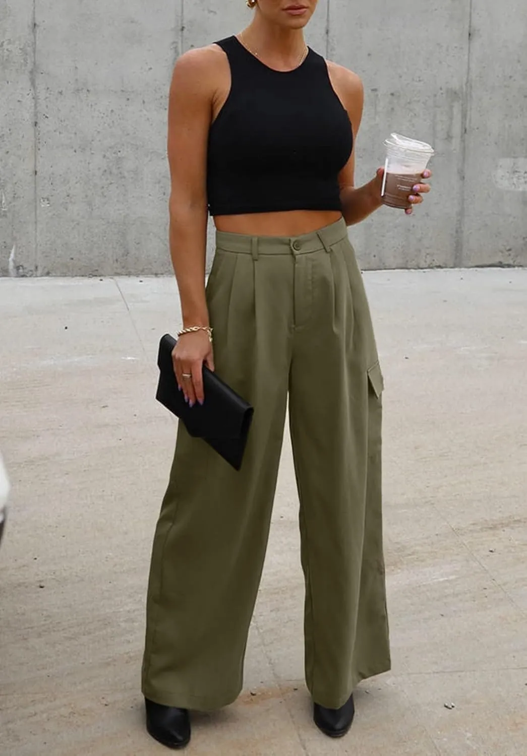 Women's Wide Leg Cargo Pants Work Business Casual Loose High Waisted Dress Pants Palazzo Flowy Trousers with 4 Pockets