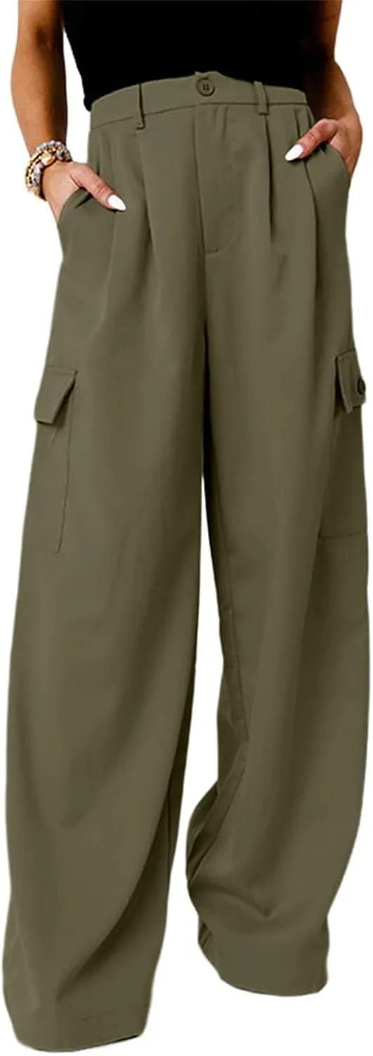 Women's Wide Leg Cargo Pants Work Business Casual Loose High Waisted Dress Pants Palazzo Flowy Trousers with 4 Pockets