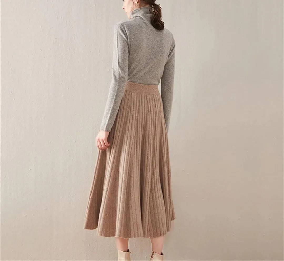 Women's Wool Knit Skirt Fashion High Waist Elastic Soft Slim A-Line Pleated Midi Skirt