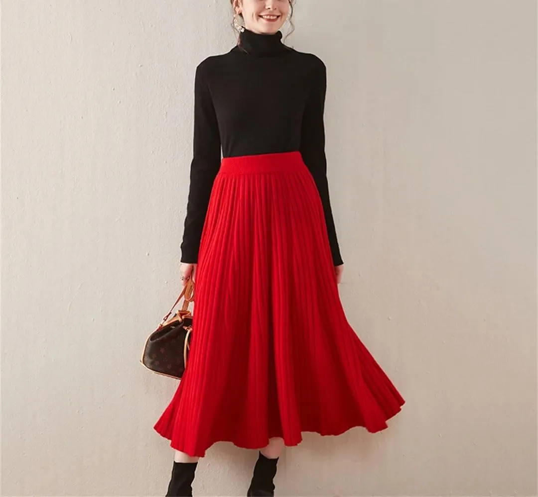 Women's Wool Knit Skirt Fashion High Waist Elastic Soft Slim A-Line Pleated Midi Skirt