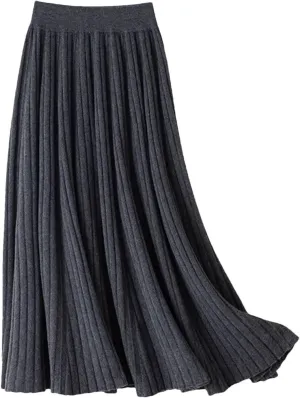 Women's Wool Knit Skirt Fashion High Waist Elastic Soft Slim A-Line Pleated Midi Skirt