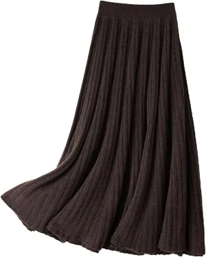 Women's Wool Knit Skirt Fashion High Waist Elastic Soft Slim A-Line Pleated Midi Skirt
