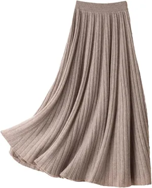Women's Wool Knit Skirt Fashion High Waist Elastic Soft Slim A-Line Pleated Midi Skirt