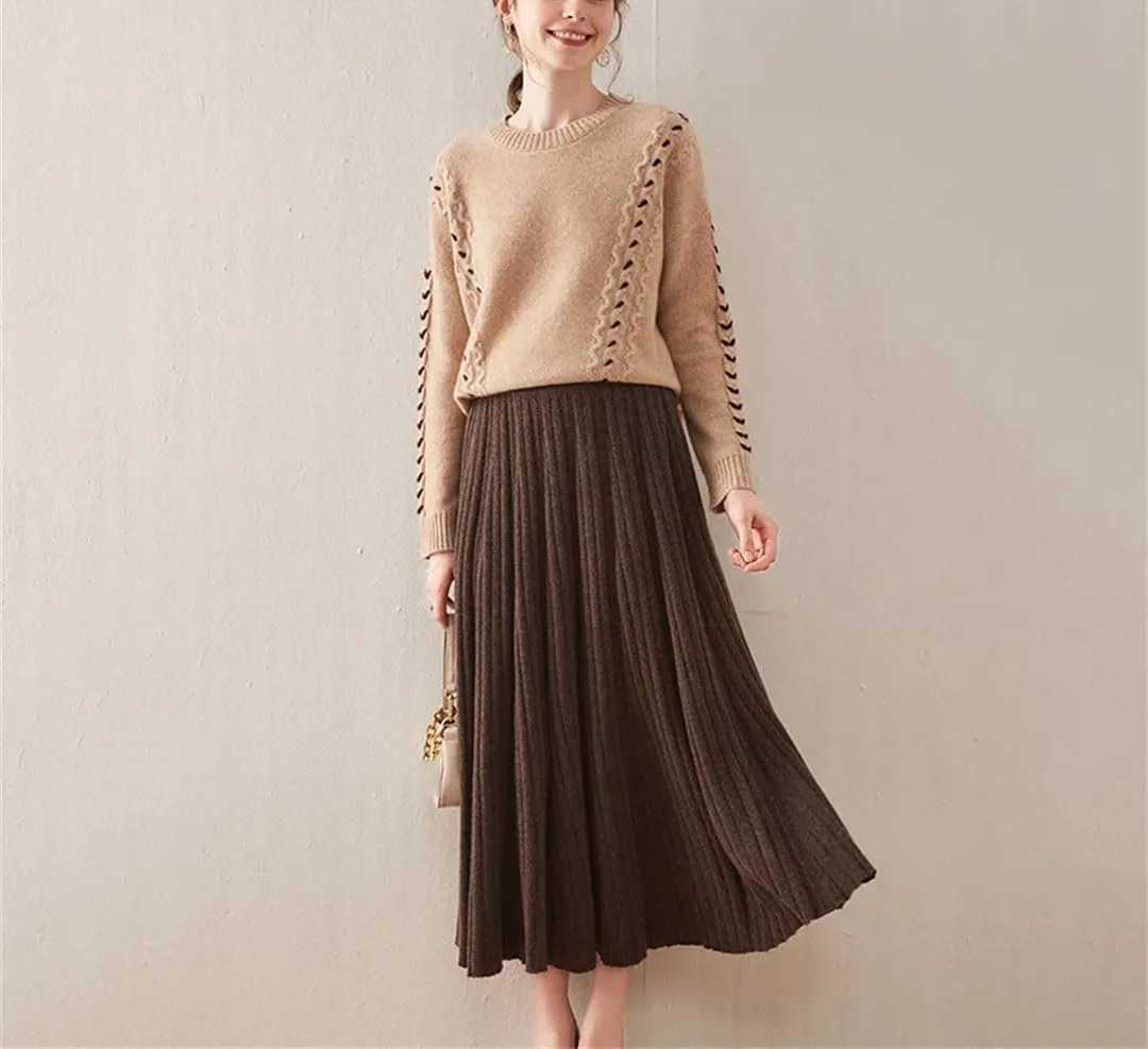Women's Wool Knit Skirt Fashion High Waist Elastic Soft Slim A-Line Pleated Midi Skirt