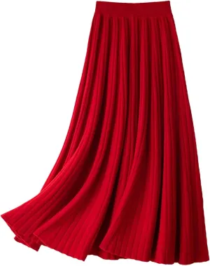 Women's Wool Knit Skirt Fashion High Waist Elastic Soft Slim A-Line Pleated Midi Skirt
