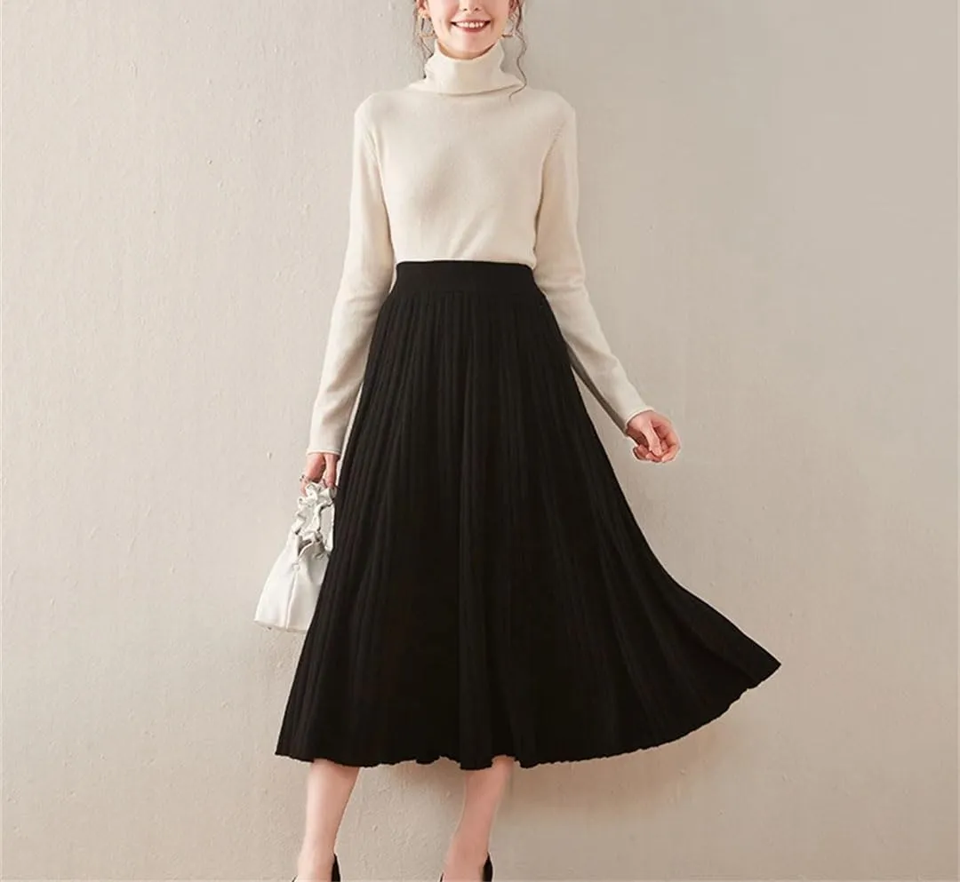 Women's Wool Knit Skirt Fashion High Waist Elastic Soft Slim A-Line Pleated Midi Skirt