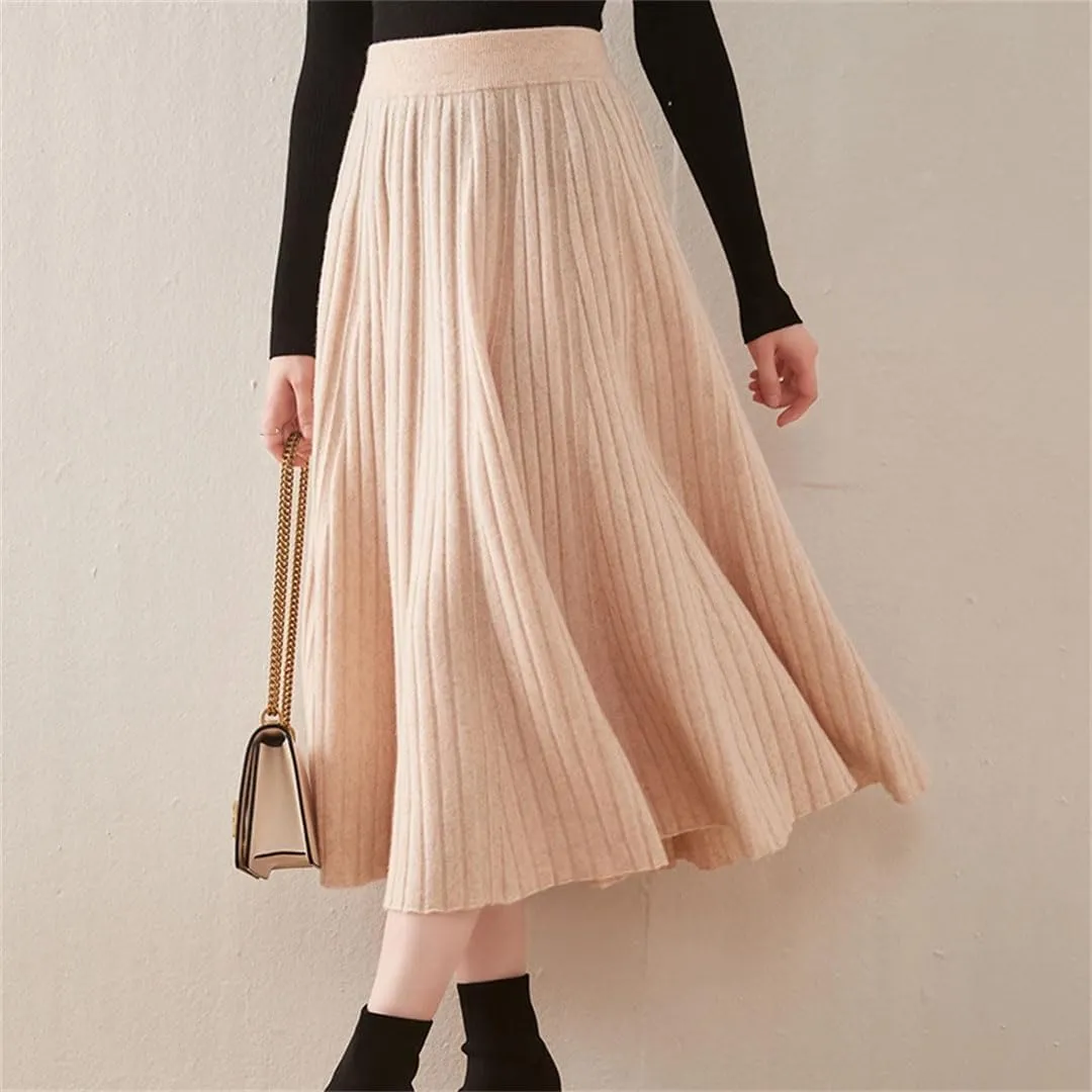 Women's Wool Knit Skirt Fashion High Waist Elastic Soft Slim A-Line Pleated Midi Skirt