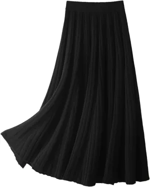 Women's Wool Knit Skirt Fashion High Waist Elastic Soft Slim A-Line Pleated Midi Skirt