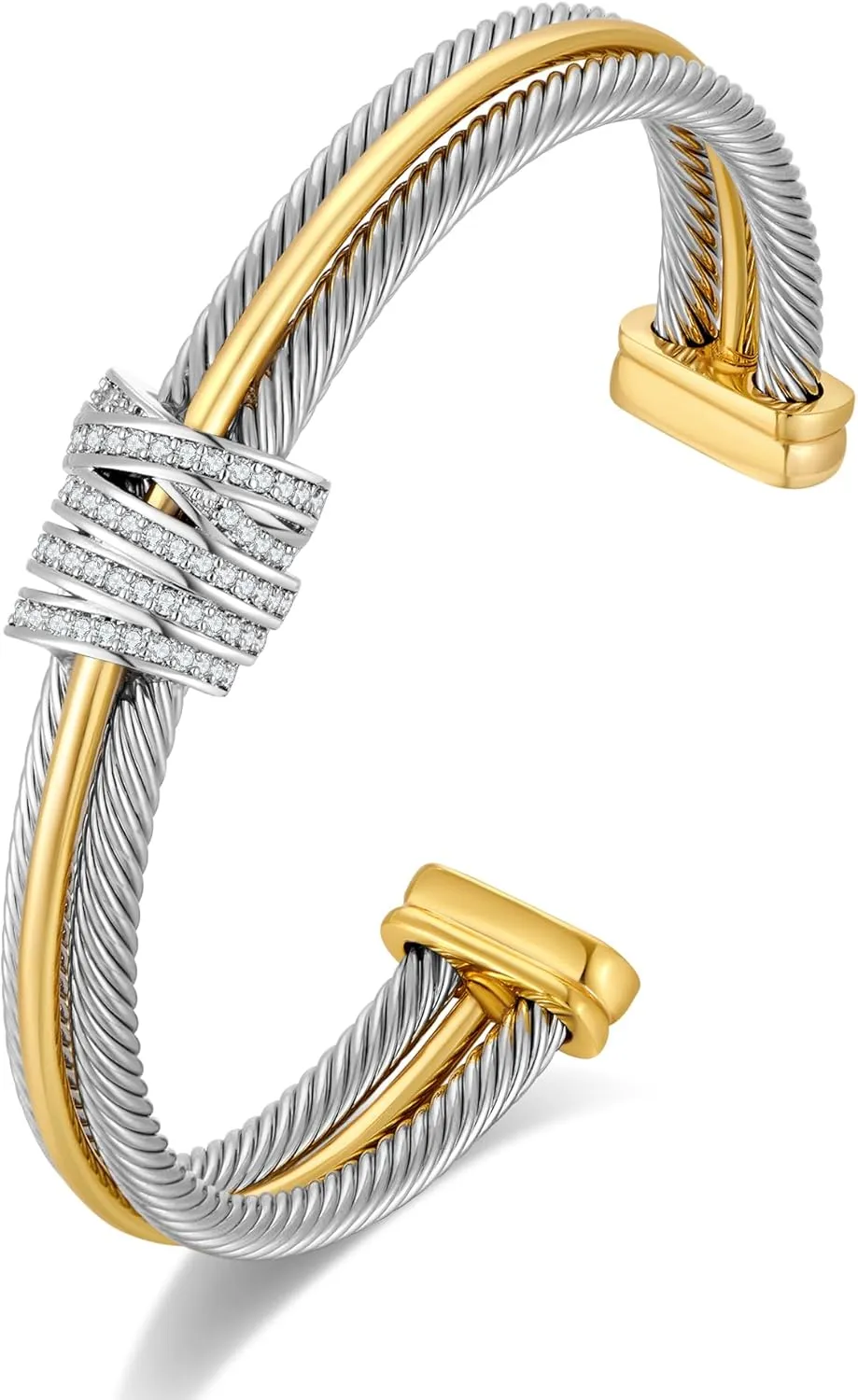 WOWORAMA Two Tone Cable Cuff Bracelet for Women Twisted Gold Silver Cuff Braccelets Mixted Metal Statement Bracelet Adjustable Open Bracelets