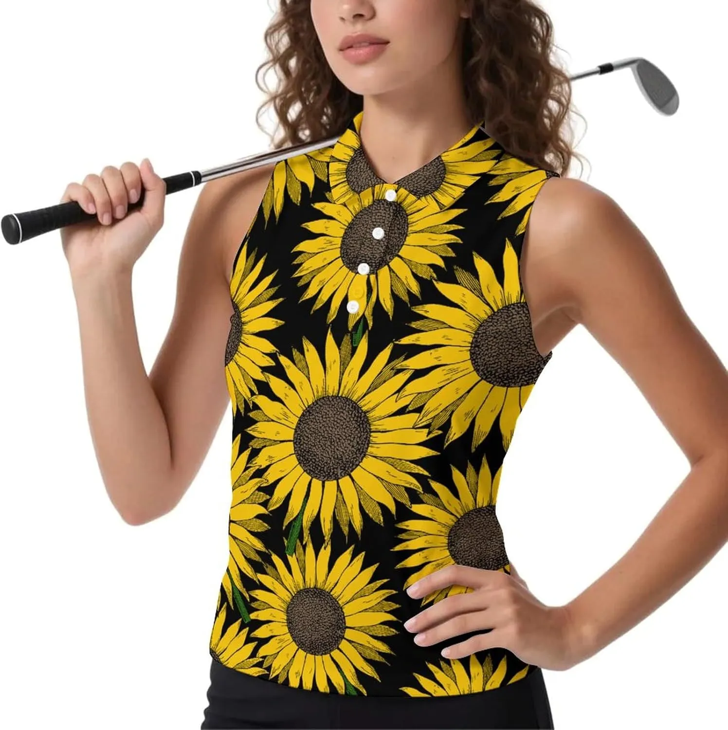 Yellow Sunflower Women's Sleeveless Golf Polo Shirts Athletic Tank Tops