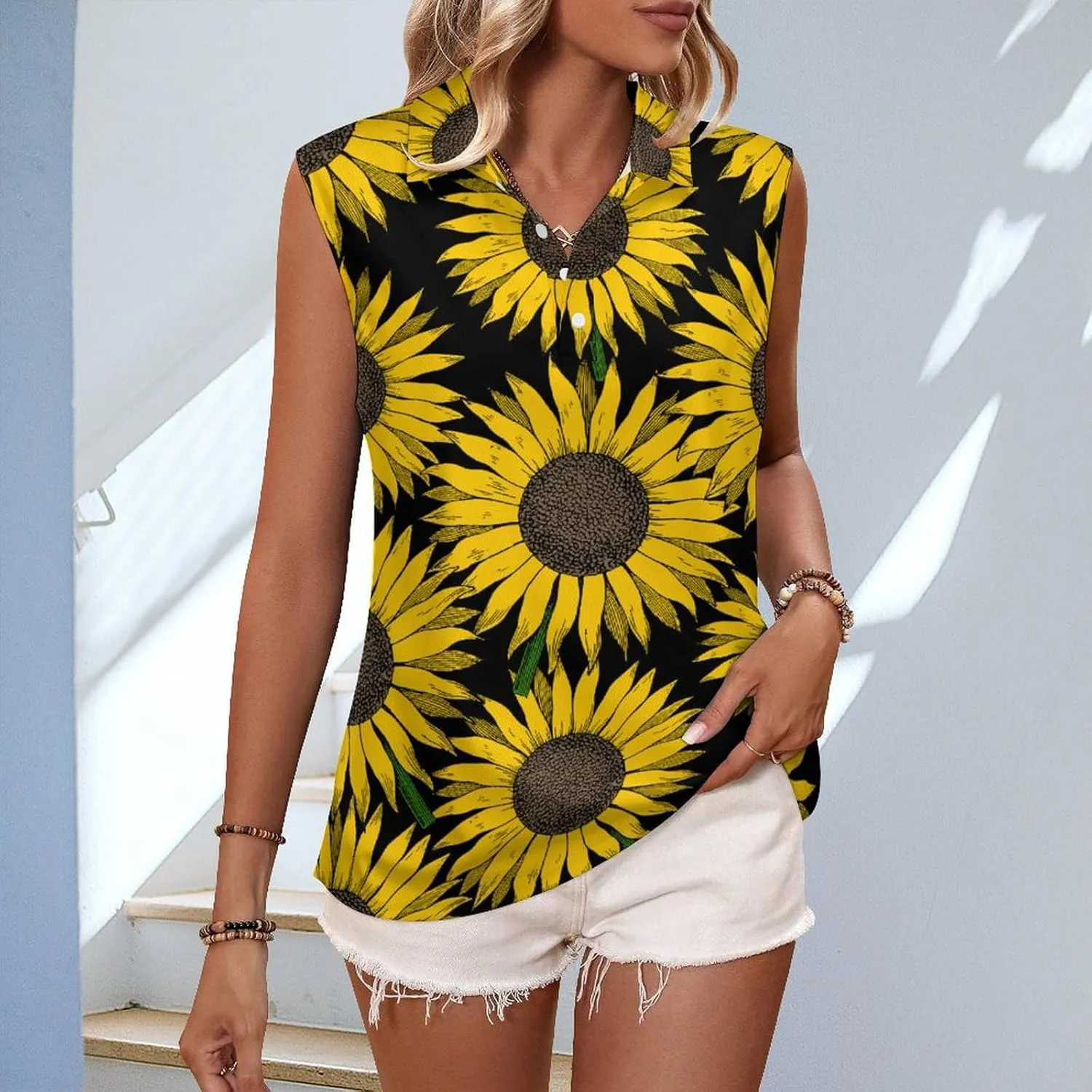 Yellow Sunflower Women's Sleeveless Golf Polo Shirts Athletic Tank Tops