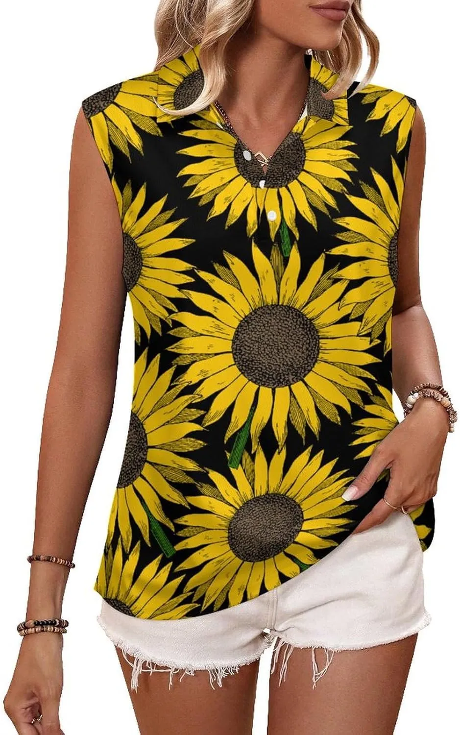 Yellow Sunflower Women's Sleeveless Golf Polo Shirts Athletic Tank Tops