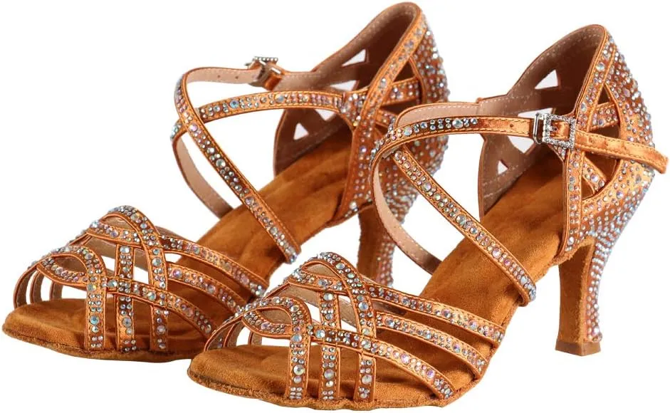 YKXLM Women Latin Dance Shoes Satin Rhinestone Ballroom Salsa Tango Professional Performance Competition Dancing Shoes,L357