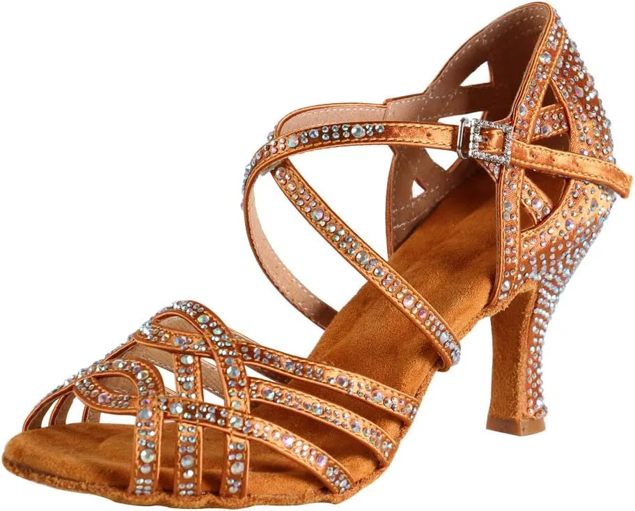 YKXLM Women Latin Dance Shoes Satin Rhinestone Ballroom Salsa Tango Professional Performance Competition Dancing Shoes,L357