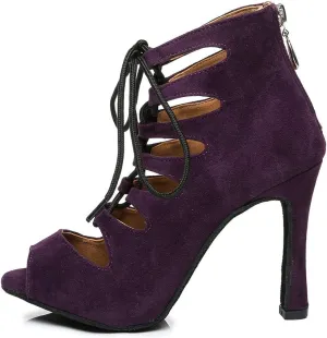 YKXLM Women Open Toe Dance Boots Latin Salsa Ballroom Lace-up Ankle Dance Shoes,YCL456