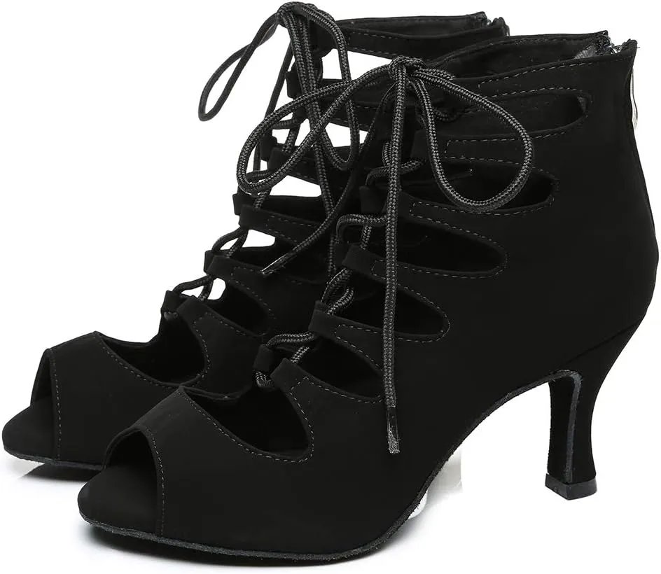 YKXLM Women Open Toe Dance Boots Latin Salsa Ballroom Lace-up Ankle Dance Shoes,YCL456