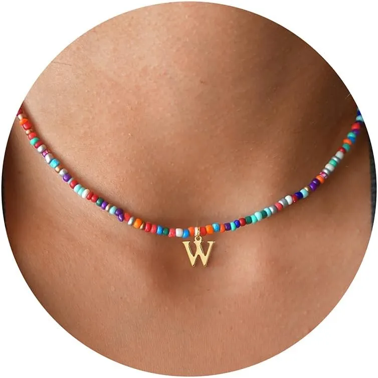 Yoosteel Colorful Beaded Initial Necklaces for Girls Kids Graduation Gifts - Cute Initial Necklaces for Teen Girl Women Trendy Letter Necklace Jewelry for Girls Birthday Graduation Gifts