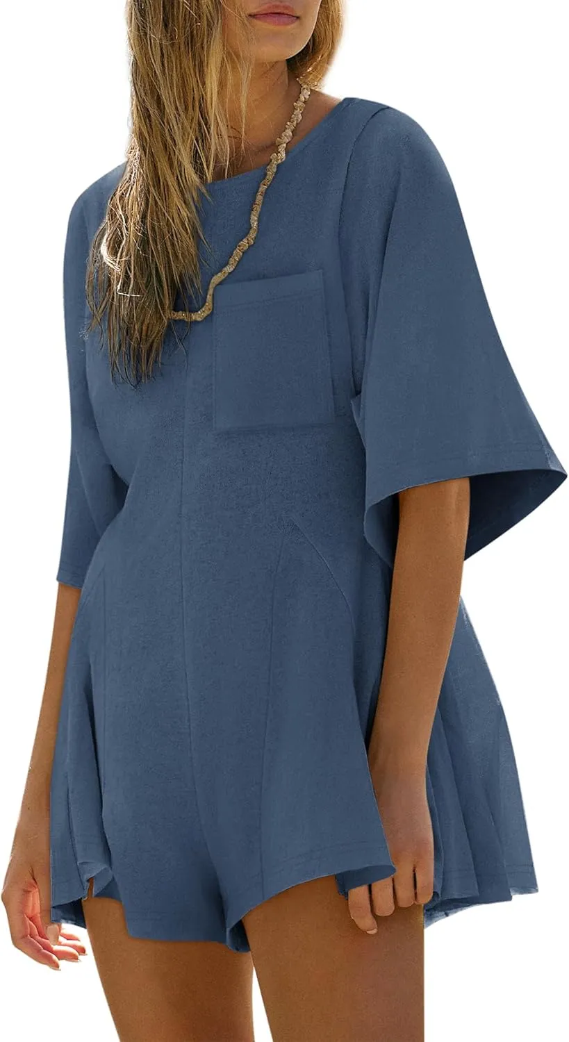 Yousify Rompers for Women 2025 Spring Outfits Summer Casual Short Sleeve Crew Neck Loose Jumpsuits with Pocket