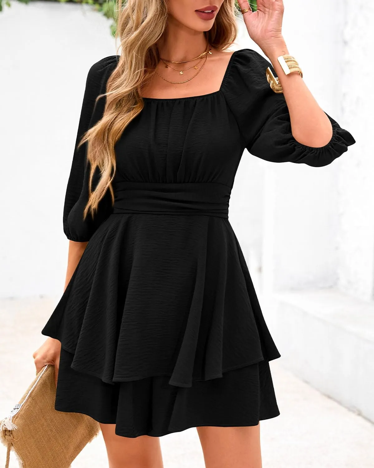 Zenlonr Women's Summer Romper 2025 Casual Puff Short Sleeve Ruffle Layer Tie Mini Short Jumpsuits Beach Party