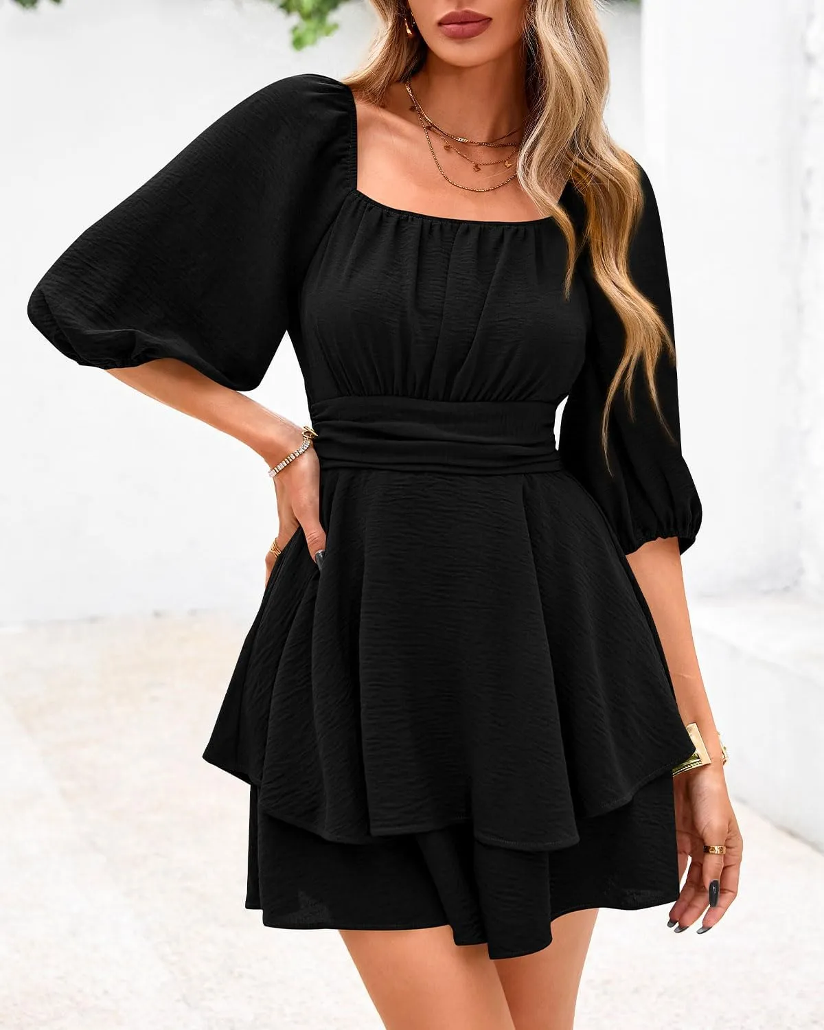 Zenlonr Women's Summer Romper 2025 Casual Puff Short Sleeve Ruffle Layer Tie Mini Short Jumpsuits Beach Party