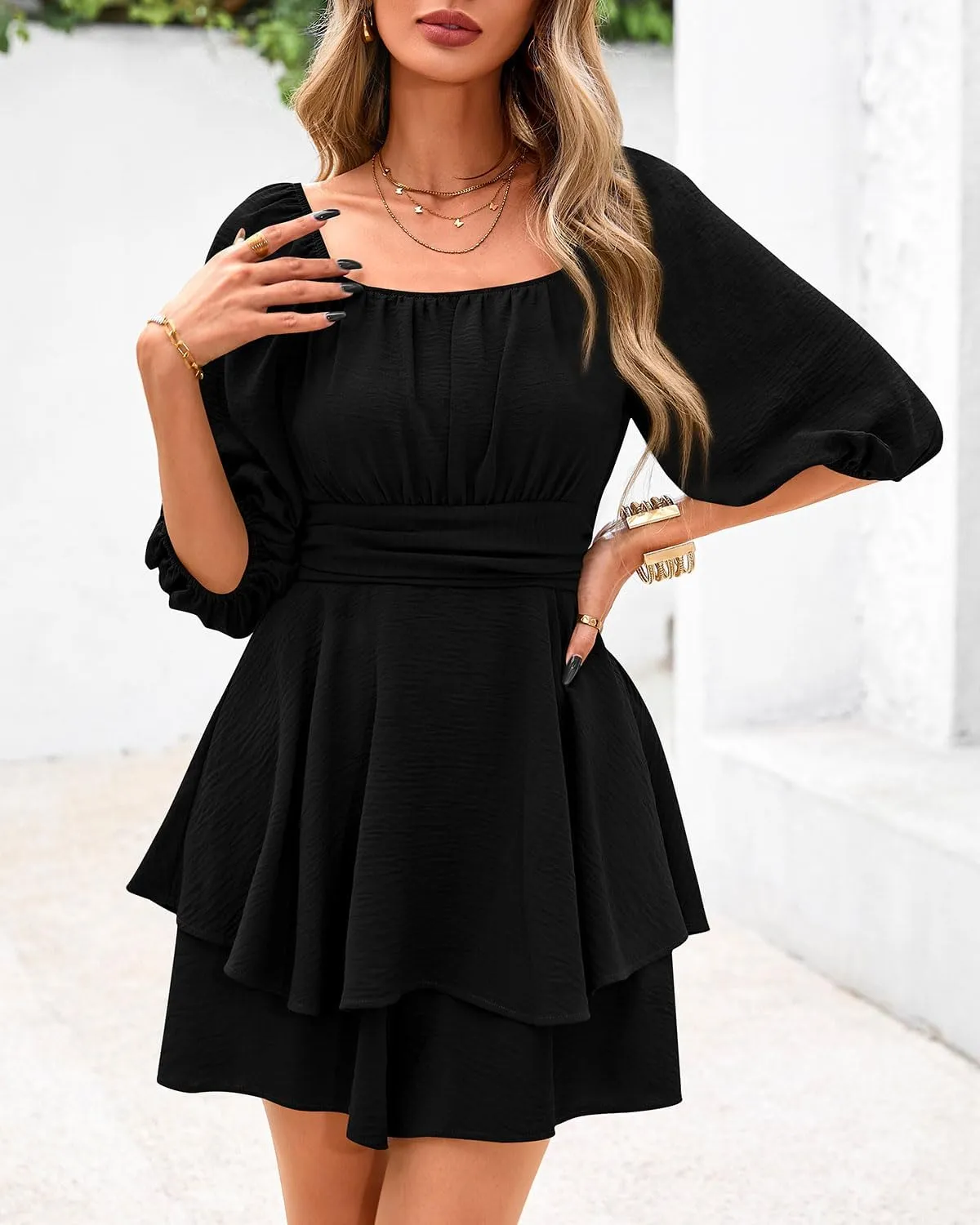 Zenlonr Women's Summer Romper 2025 Casual Puff Short Sleeve Ruffle Layer Tie Mini Short Jumpsuits Beach Party