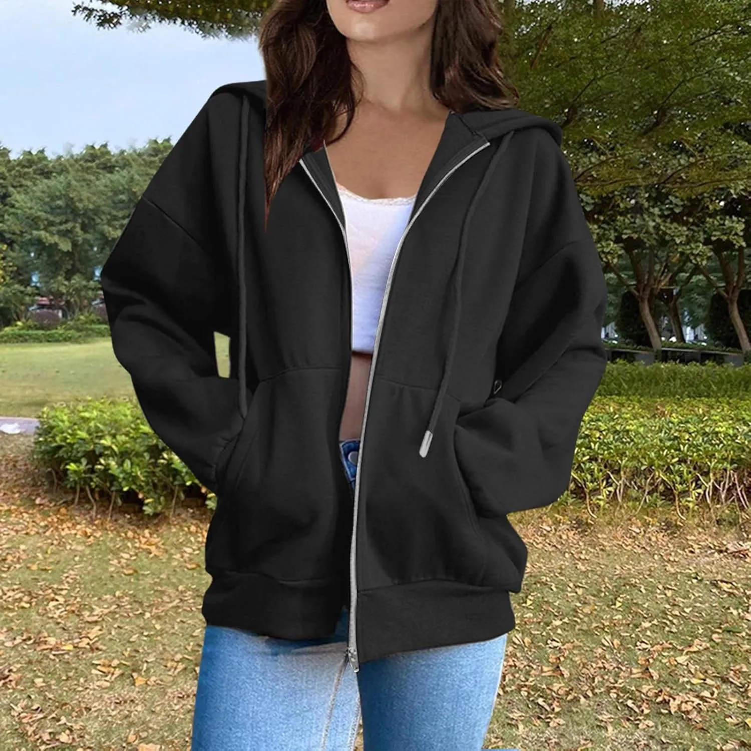 Zip Up Hoodie Women Fall Fashion 2024 Long Sleeve Zip Up Lightweight Sweatshirts Loose Fit Workout Plain Hoodie