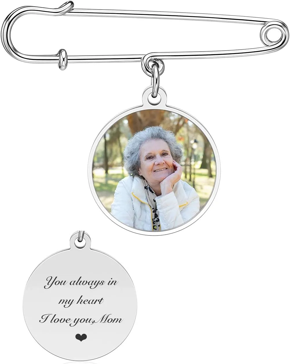 Zysta Personalized Wedding Bouquet Photo Charms Stainless Steel Boutonniere Pins Memorial Customized Round Picture Frames Pin Brooch Memorial Gift for Mother Of Bride Or Groom