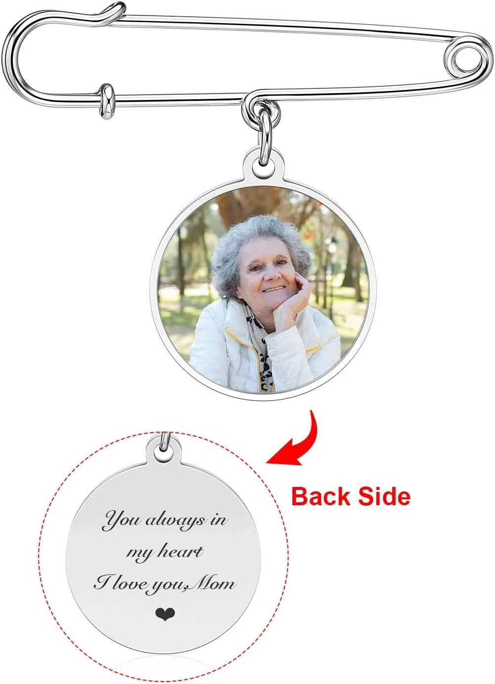 Zysta Personalized Wedding Bouquet Photo Charms Stainless Steel Boutonniere Pins Memorial Customized Round Picture Frames Pin Brooch Memorial Gift for Mother Of Bride Or Groom